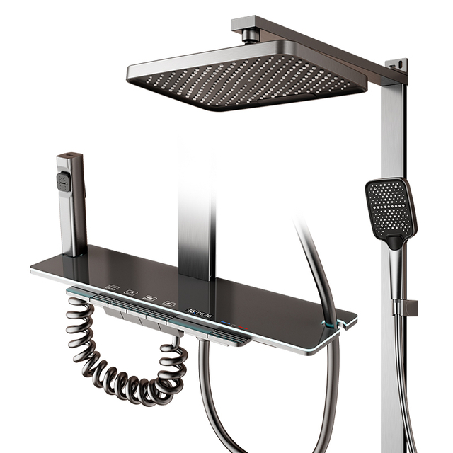 YF230530024 ‎aluminum Shower System Thermostatic Matte Black Shower Faucet Set with Piano Key Digital Display Ambient Lights 12