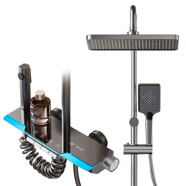 YF230530012 1 Exposed Shower System with Tub Spout, Matte Black Exposed Pipe Shower Faucet with 3 Functions Brass Shower Valve