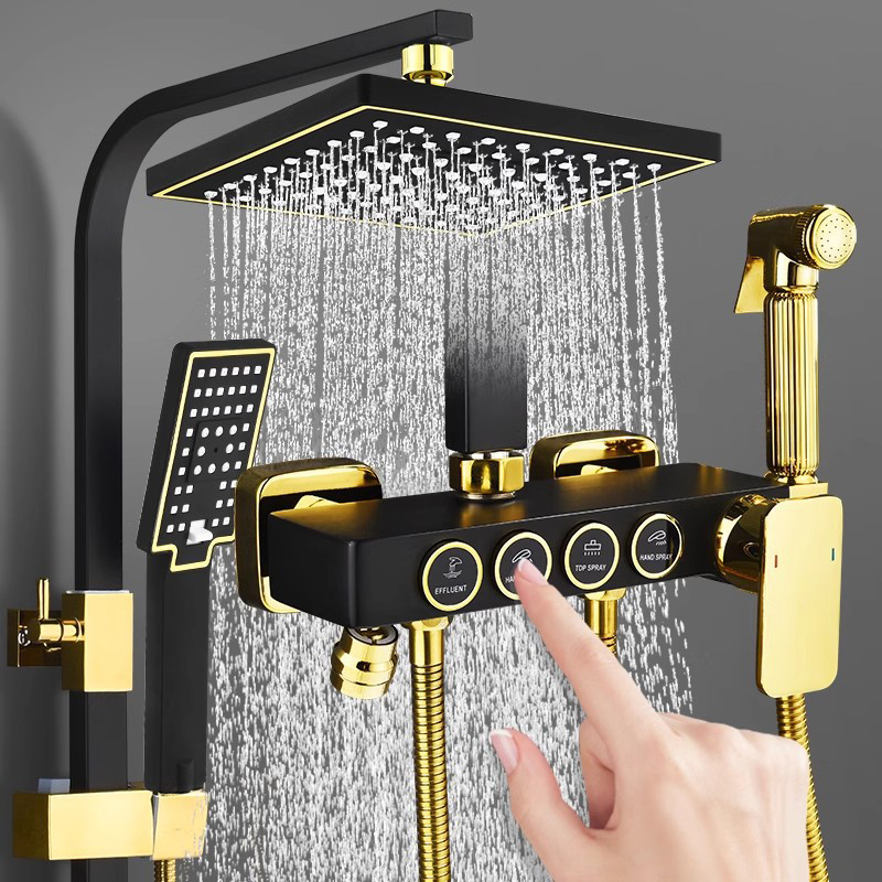 YF210530002 Wall Mounted Multi Function Button Black Bathroom Shower Set black with gold color shower set