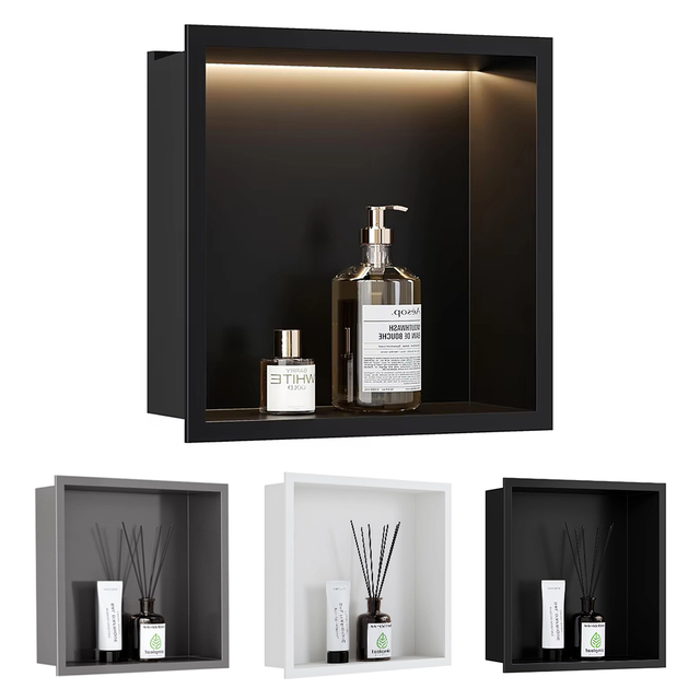 YF61119-1 Shower Niche with LED Light Matte Black No Tile Needed Wall Niche with 3000K Non-Dimmable LED Light