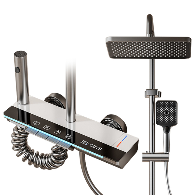 YF230530007 Aluminum LED Shower Mixer Set Digital Display Rainfall Shower System 4 Functions Bathroom Shower Faucet Set