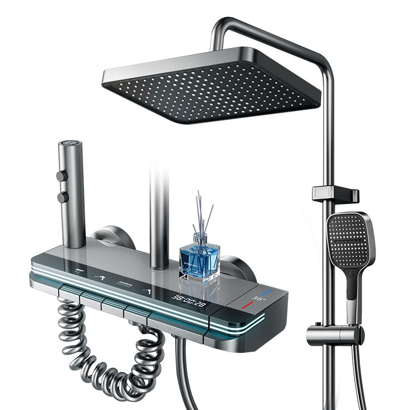 YF230530021 Digital Display Piano Keys Solid Aluminum Shower Set System with LED Ambient Light Shower Combo with Rainfall Shower Head Faucet