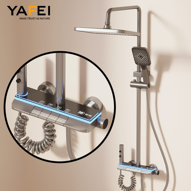 YF230530043 2025 New Design LED Waterfall Shower System Black Thermostatic Rain Shower Faucet Set Soft Massage Piano Mixer Jet for Bathrooms