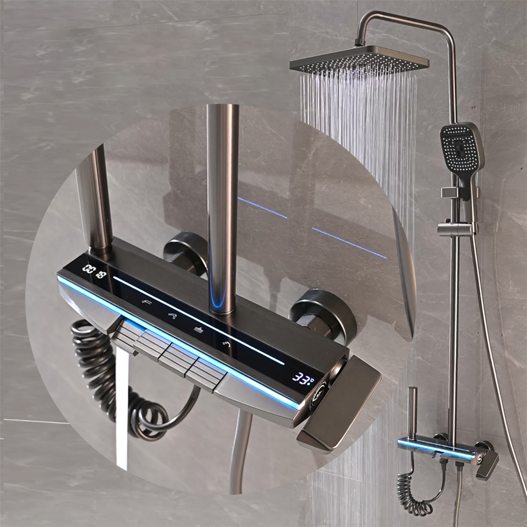 LED Digital Gun-Metal Shower Faucet Set Bathroom