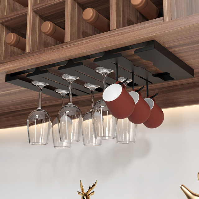 YF67104 Black Metal Wine Glass Hanging Rack Wine Glass Holder Under Shelf or Cabinet, Glassware Drying Hanger, Metal Hanging Organizer for Bar Restaurant