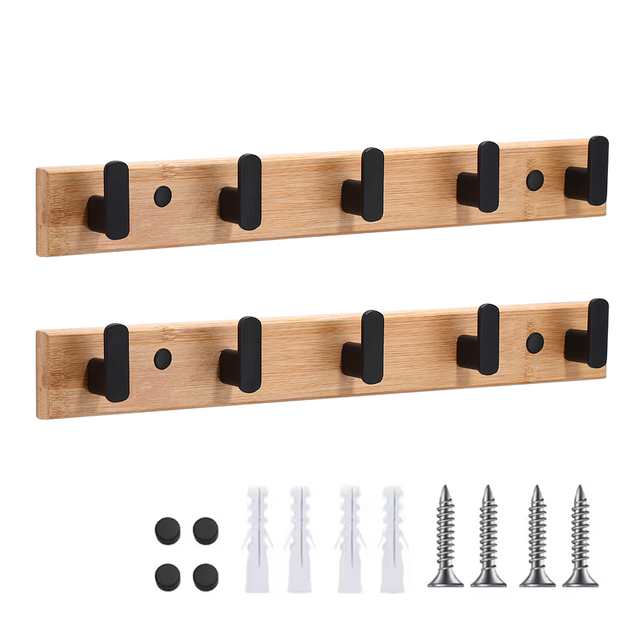 YF9159 Rustic Wall Coat Rack with 5 Hooks Bamboo Wooden Coat Hook Rack for Wall