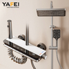 YF230530011 Exposed Shower System with Tub Spout, Matte Black Exposed Pipe Shower Faucet with 3 Functions Brass Shower Valve