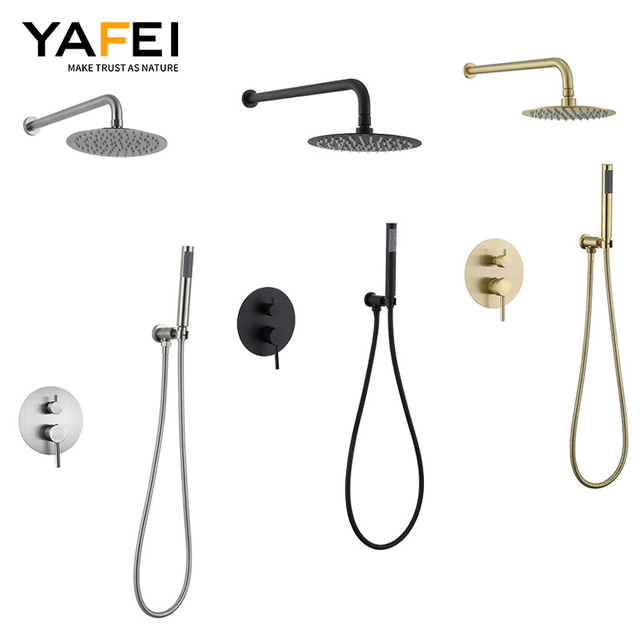 YF200560001 Басты жаңбыр душ жүйесі щеткалы алтын түсті дөңгелек қабырғаға орнатылған басс ваннаға арналған душ араластырғыш шүмектері Жасырын сарқырама жаңбыр душ жинағы