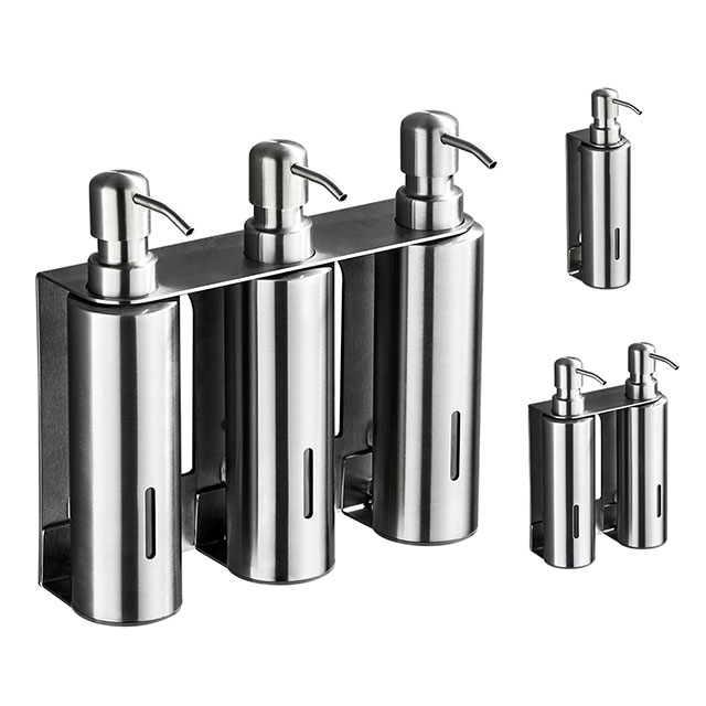 Single/double/three bottles refillable wall mounted hotel bathroom hand SS304 stainless steel shampoo liquid soap dispensers