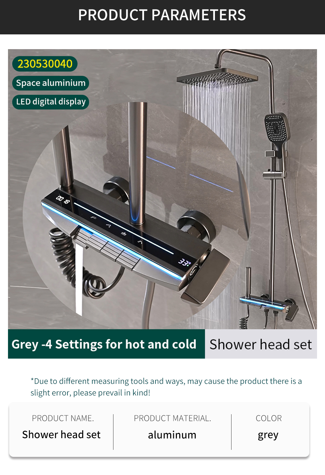 LED Digital Gun-Metal Shower Faucet Set Bathroom