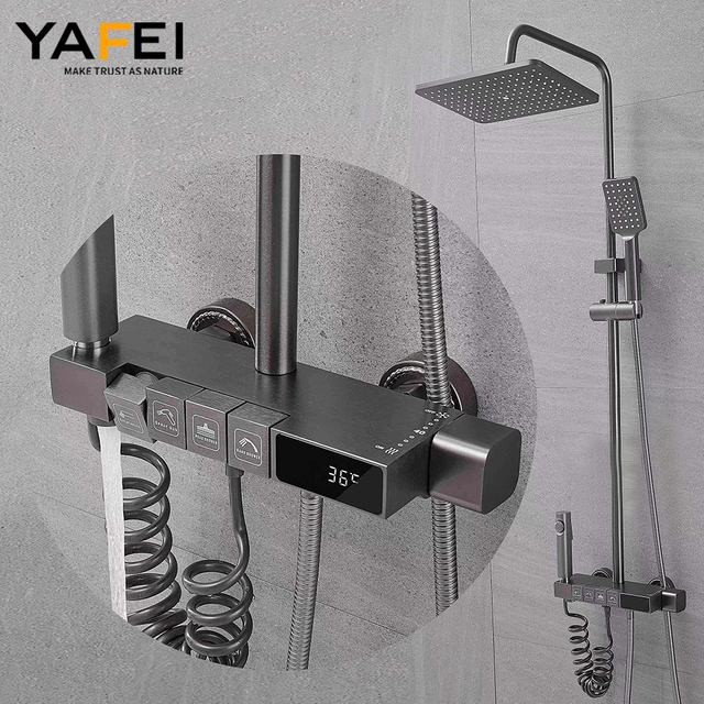 YF230530053 Modern Solid Brass Wall-Mounted Shower System with Slide Bar 5-Handle Rainfall & Waterfall Spray Chrome Finish Full Set