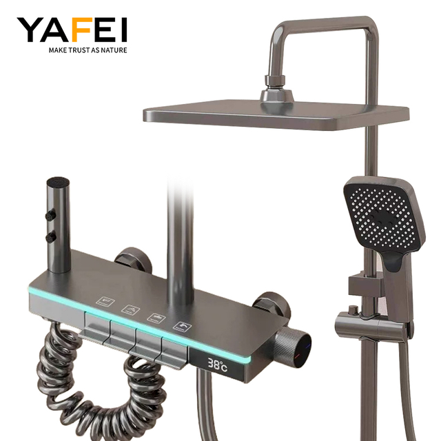 YF230530051 Modern Smart Solid Brass Bath & Shower Faucets High Quality Full Set Rain Shower Glass Gray Panel Polished-for Modern Bathrooms